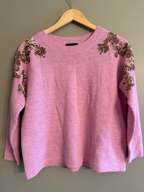 J. Crew 100% Merino Wool Pink Crewneck Sweater with Gold Sequin Embellishment